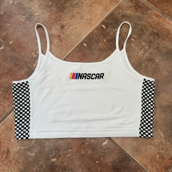 Nascar Tops - NASCAR cropped Y2K white checkered print side tank top